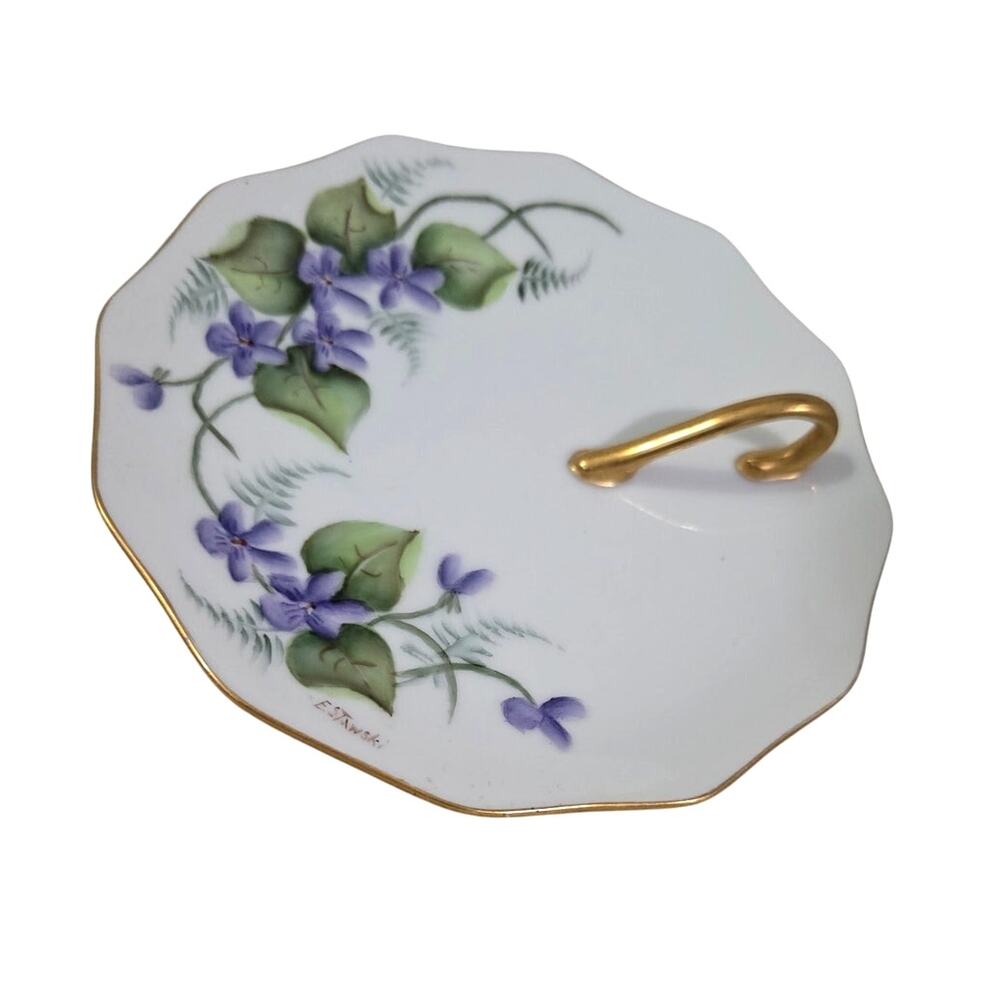 Antique E. Stawski Hand Painted Floral Serving Dish Finger Loop Handle Purple